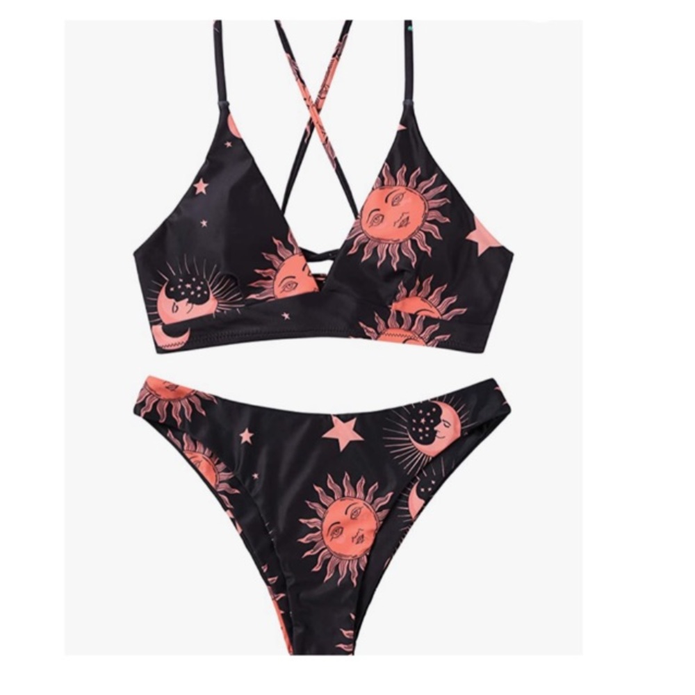 Sun, moon, and stars black bikini size med…